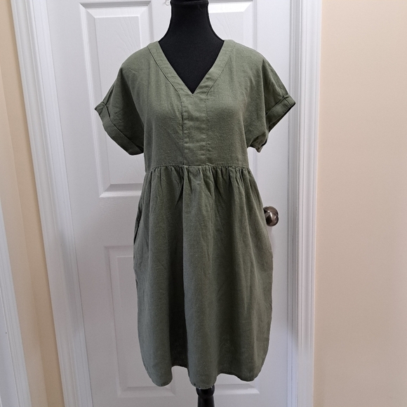 NWOT Briggs New York Greenl Linen Dress Small V-neck Short Sleeved - Picture 7 of 14
